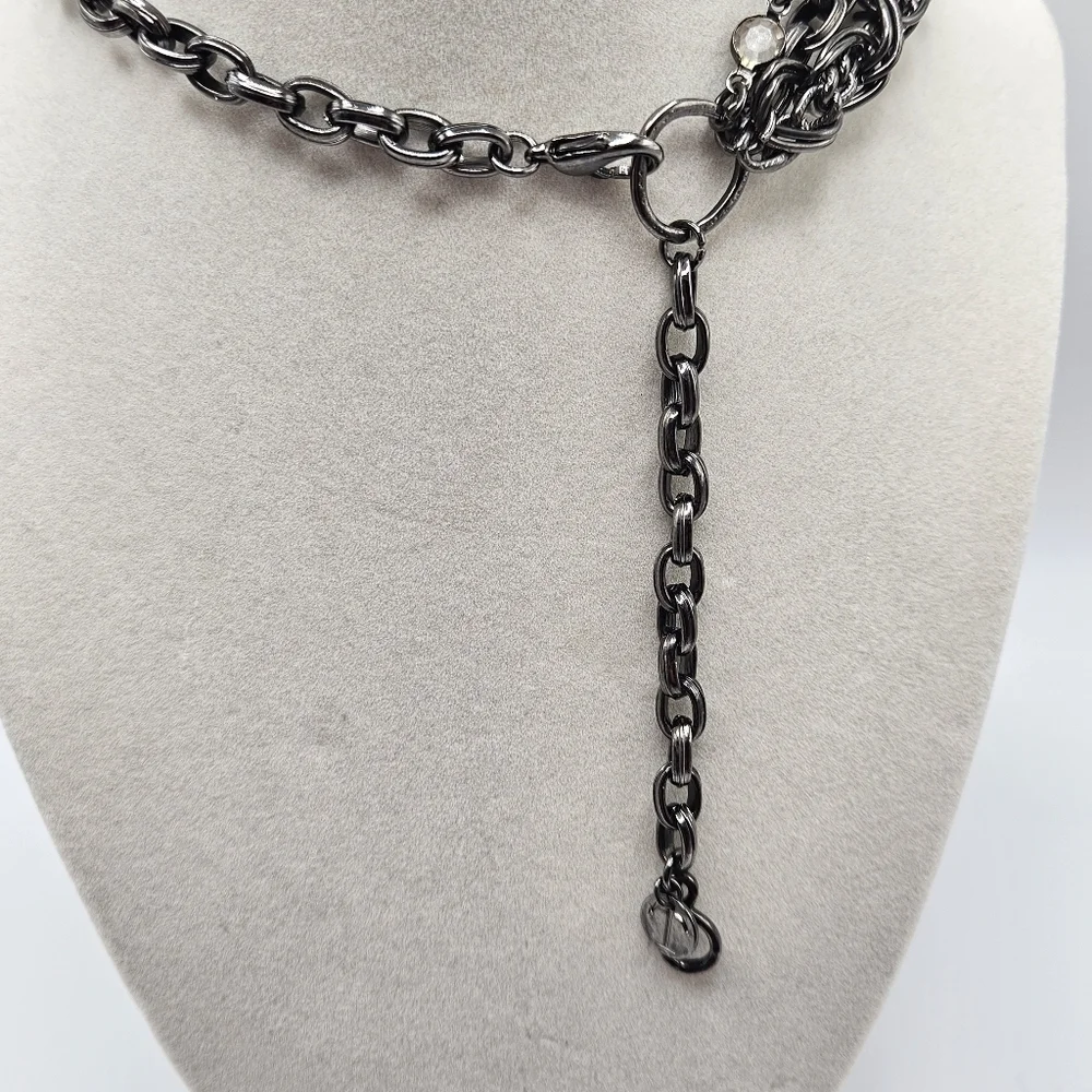 VINTAGE Talbots Gun Metal Multi Strand Chain Clear Stone Beaded Necklace